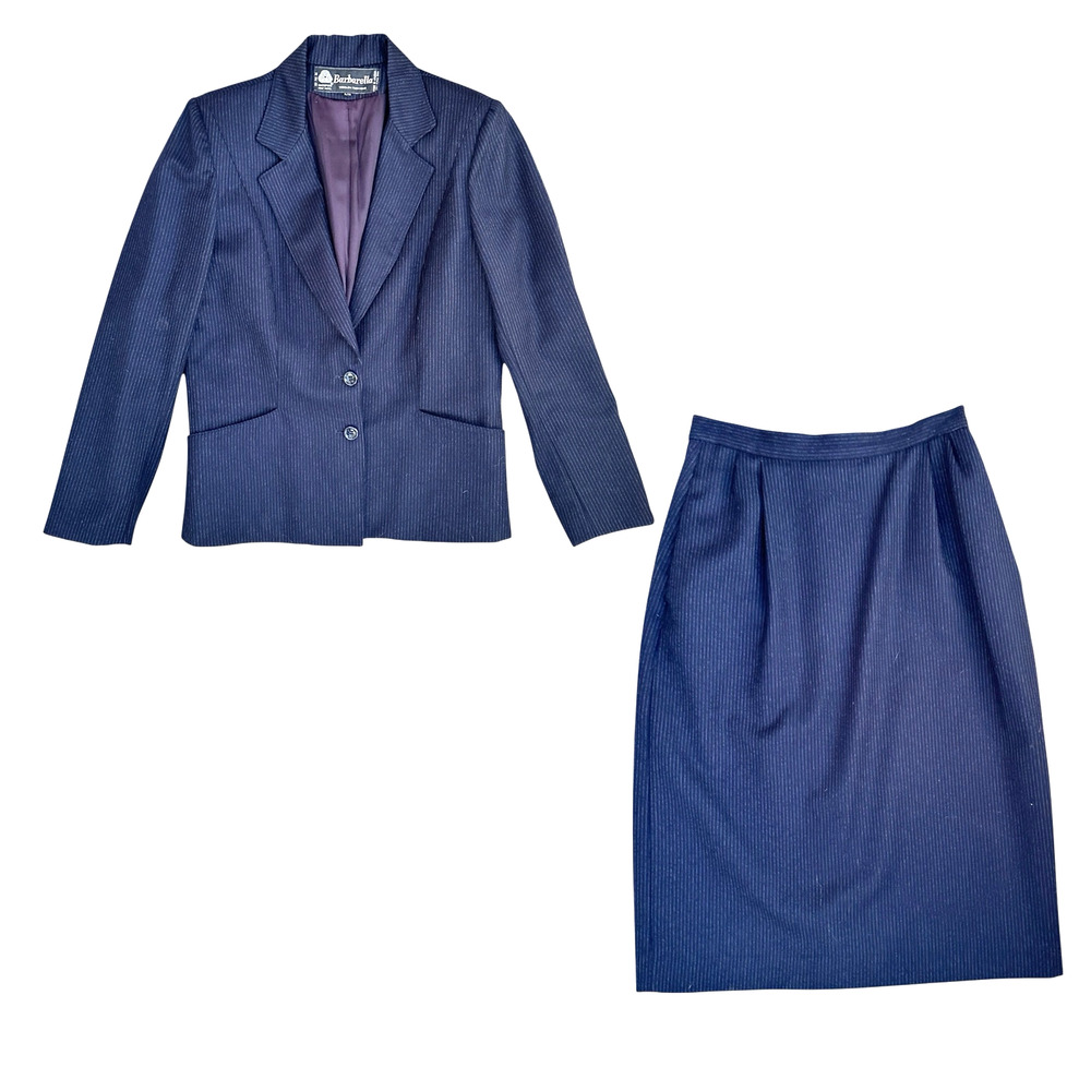 Vintage Barbarella 100% Wool Pinstripe Suit M 90s Minimalist Pencil Skirt Set